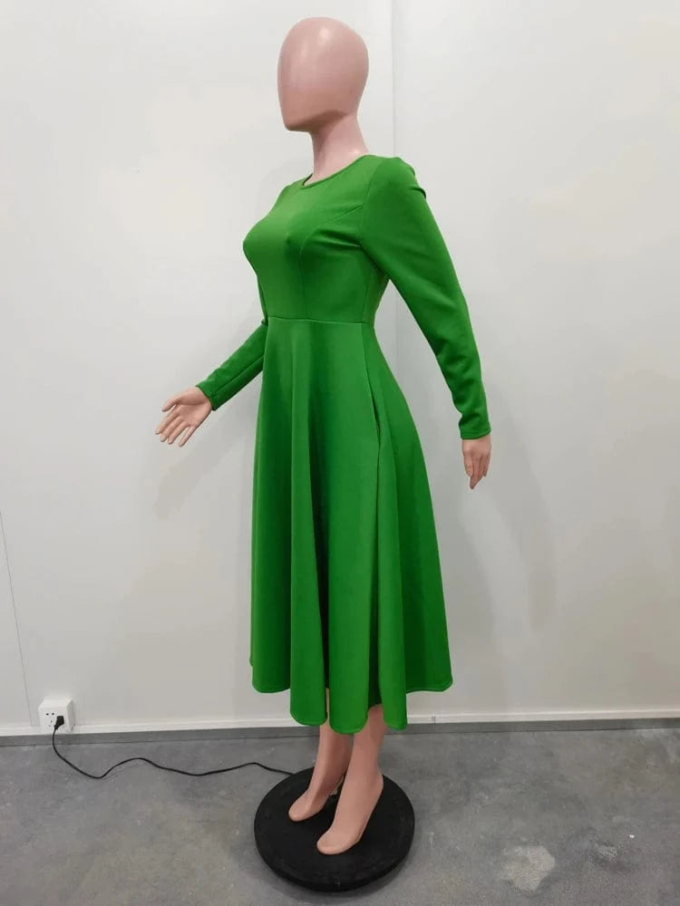 Elegant Church Dresses for Woman 2025 Fall Long Sleeve O Neck High Waisted A-Line Midi Calf Party Cocktail Dress with Pockets