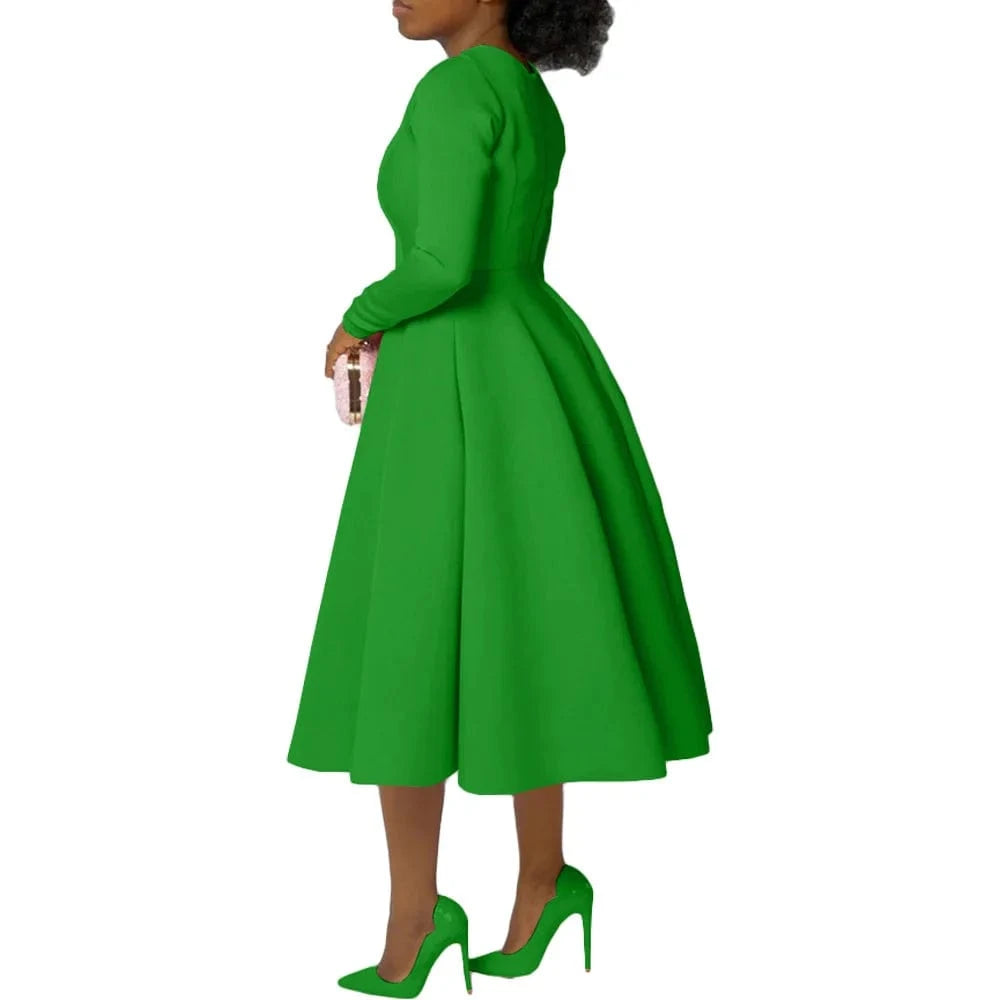 Elegant Church Dresses for Woman 2025 Fall Long Sleeve O Neck High Waisted A-Line Midi Calf Party Cocktail Dress with Pockets