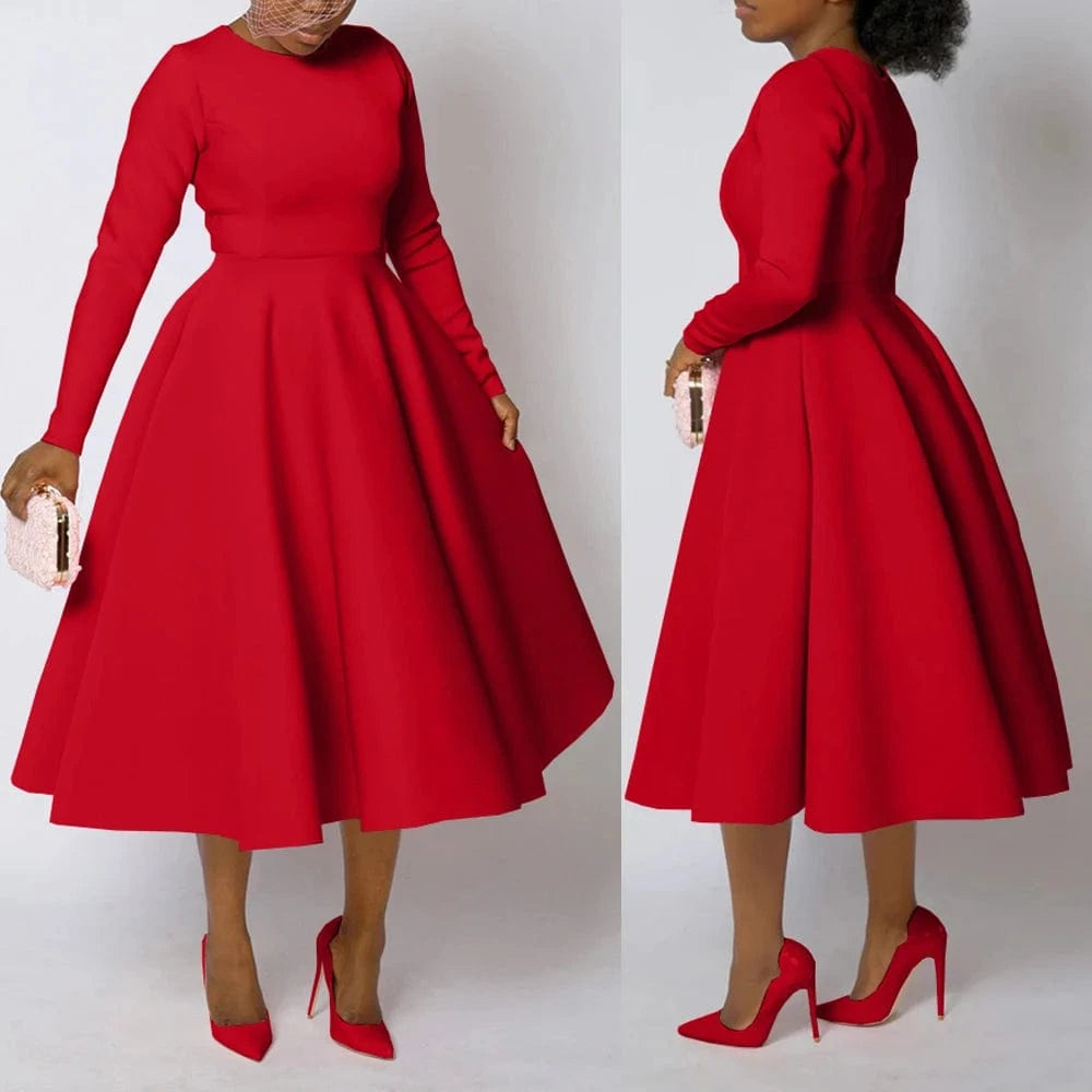 Elegant Church Dresses for Woman 2025 Fall Long Sleeve O Neck High Waisted A-Line Midi Calf Party Cocktail Dress with Pockets