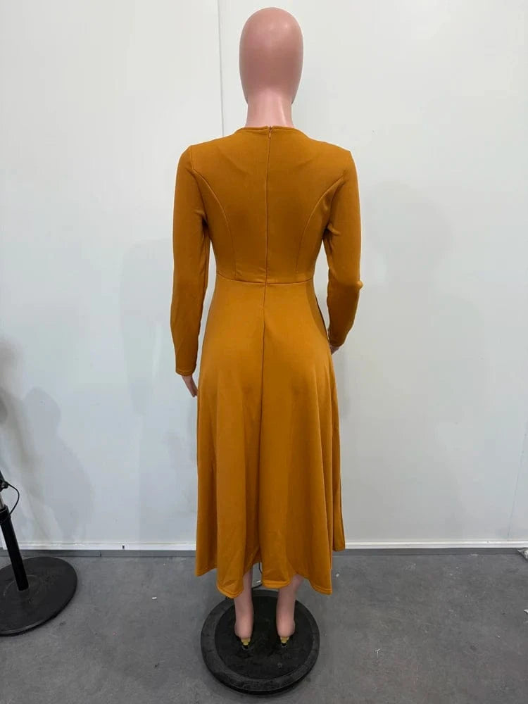 Elegant Church Dresses for Woman 2025 Fall Long Sleeve O Neck High Waisted A-Line Midi Calf Party Cocktail Dress with Pockets