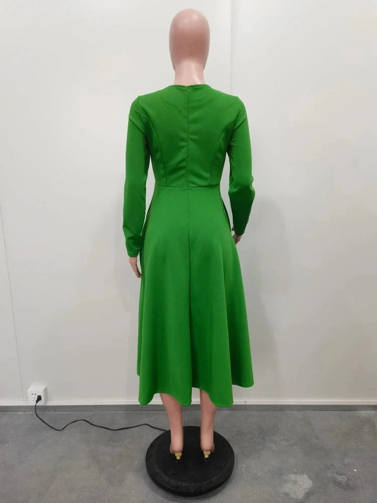 Elegant Church Dresses for Woman 2025 Fall Long Sleeve O Neck High Waisted A-Line Midi Calf Party Cocktail Dress with Pockets