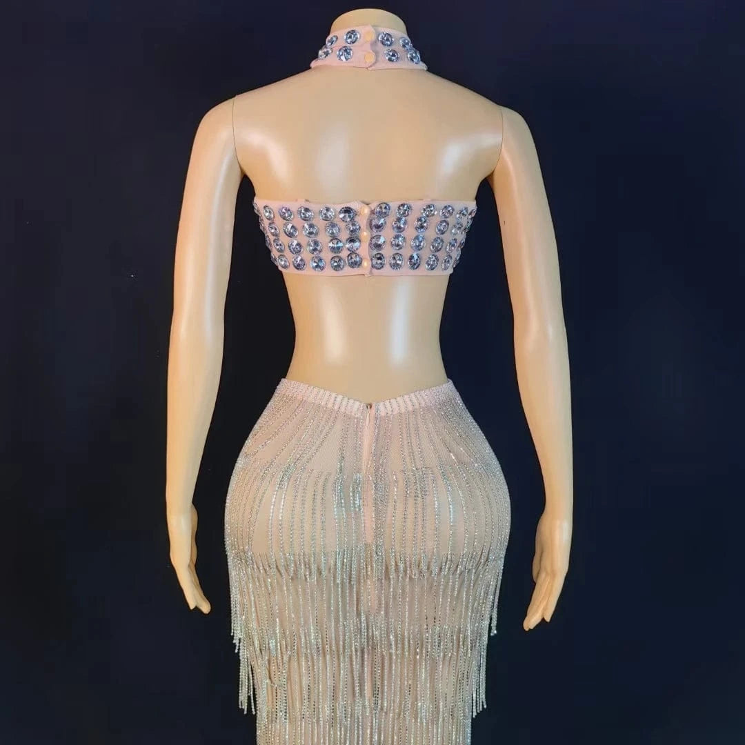 Elegant Crystal Tassel Formal Wedding Cocktail Long Dress Backless Cut Out Night Prom Dress Women Sexy Party Evening Dresses