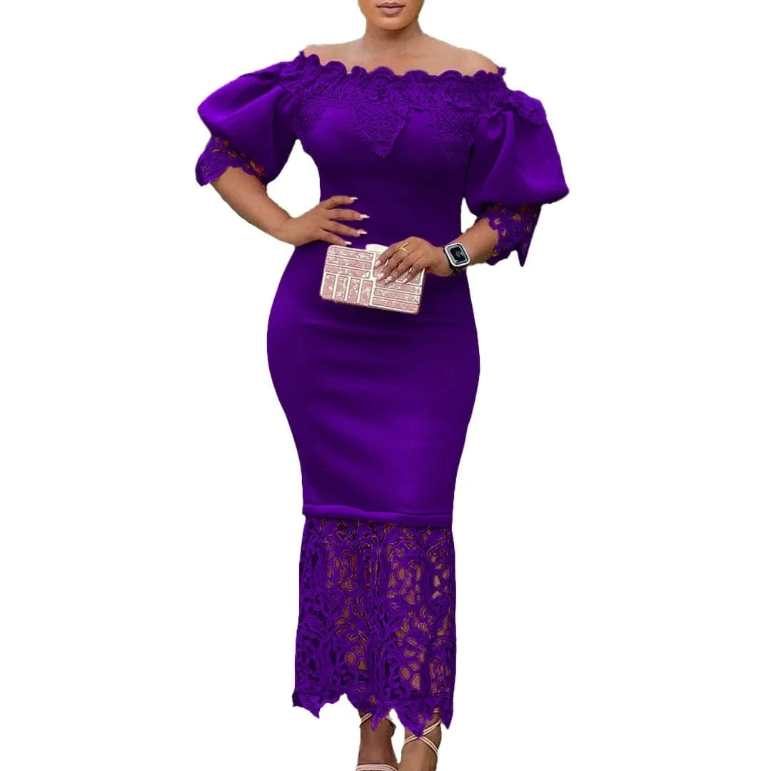 Elegant Dresses for Woman Off the Shoulder Lantern Sleeve Lace Patchwork Sheath Package Hips Ankle Length Luxury Birthday Dress