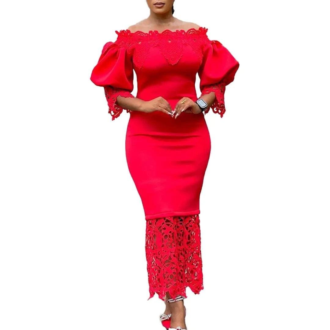 Elegant Dresses for Woman Off the Shoulder Lantern Sleeve Lace Patchwork Sheath Package Hips Ankle Length Luxury Birthday Dress