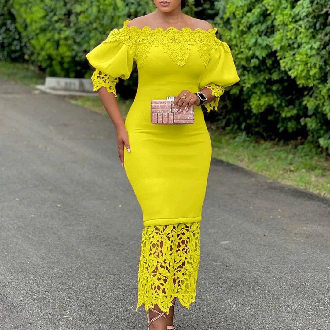 Elegant Dresses for Woman Off the Shoulder Lantern Sleeve Lace Patchwork Sheath Package Hips Ankle Length Luxury Birthday Dress