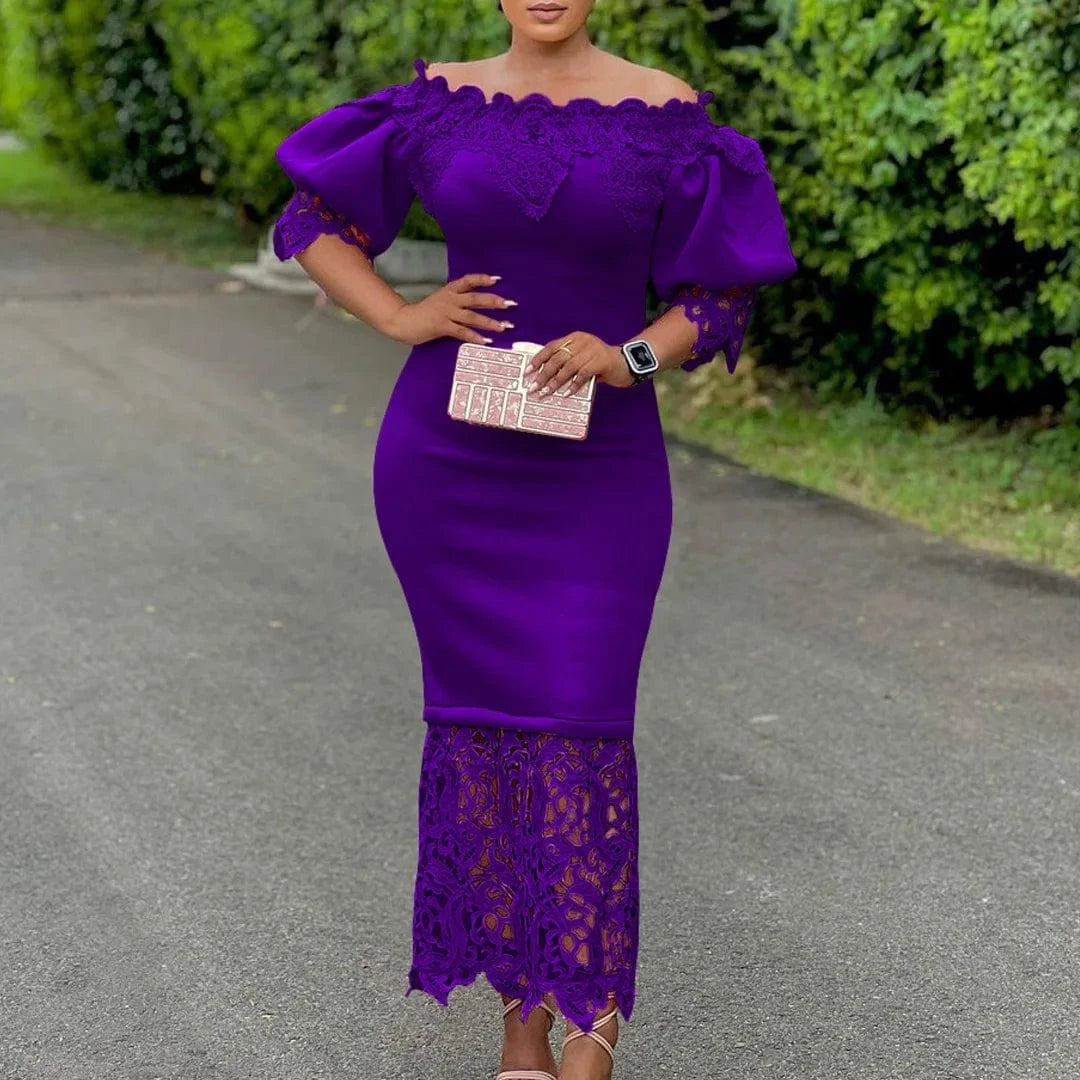 Elegant Dresses for Woman Off the Shoulder Lantern Sleeve Lace Patchwork Sheath Package Hips Ankle Length Luxury Birthday Dress