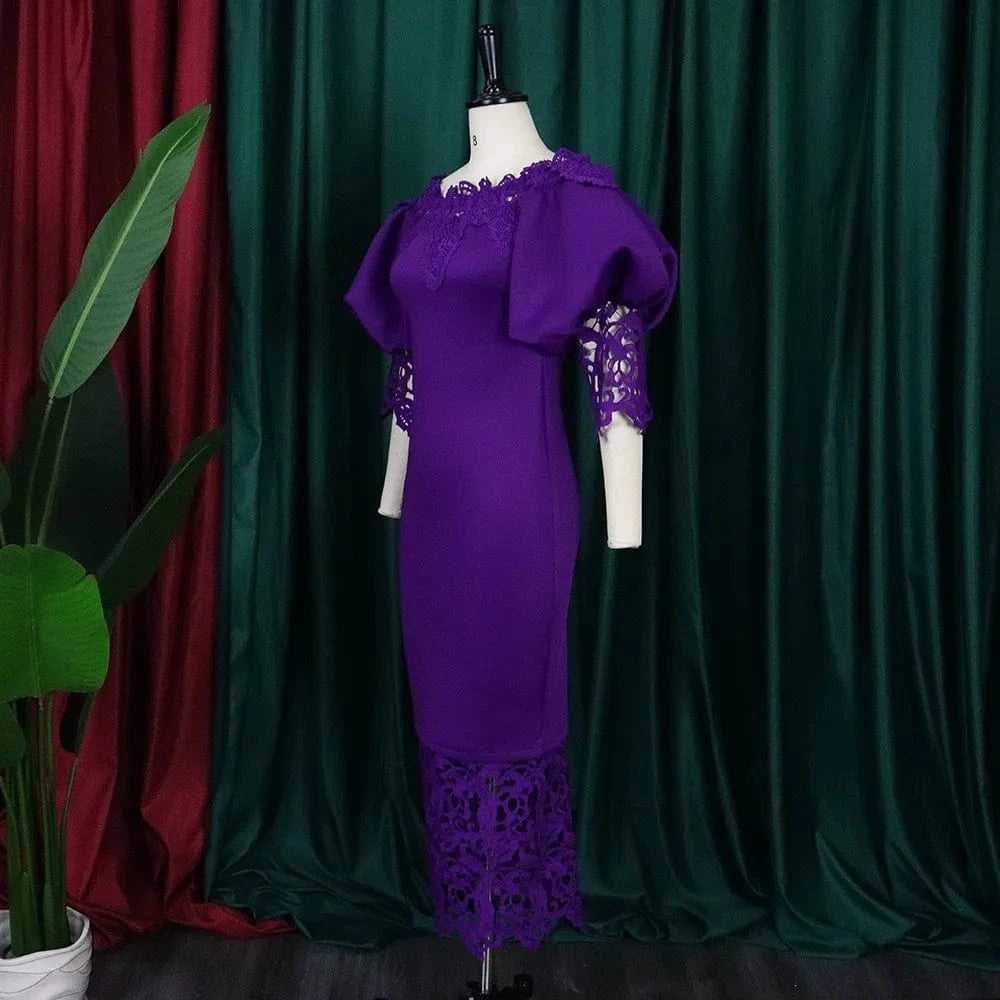 Elegant Dresses for Woman Off the Shoulder Lantern Sleeve Lace Patchwork Sheath Package Hips Ankle Length Luxury Birthday Dress