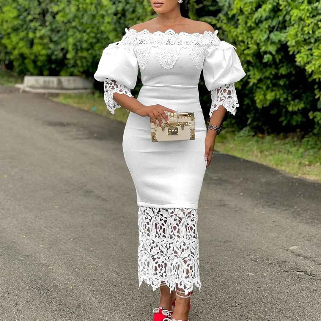 Elegant Dresses for Woman Off the Shoulder Lantern Sleeve Lace Patchwork Sheath Package Hips Ankle Length Luxury Birthday Dress