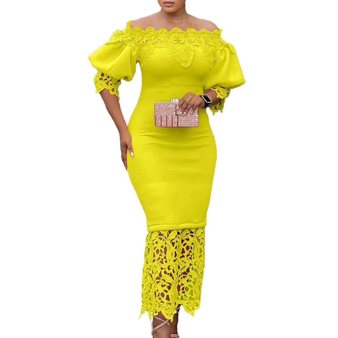 Elegant Dresses for Woman Off the Shoulder Lantern Sleeve Lace Patchwork Sheath Package Hips Ankle Length Luxury Birthday Dress