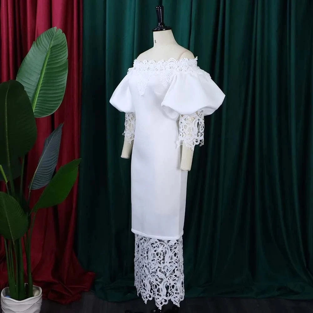 Elegant Dresses for Woman Off the Shoulder Lantern Sleeve Lace Patchwork Sheath Package Hips Ankle Length Luxury Birthday Dress