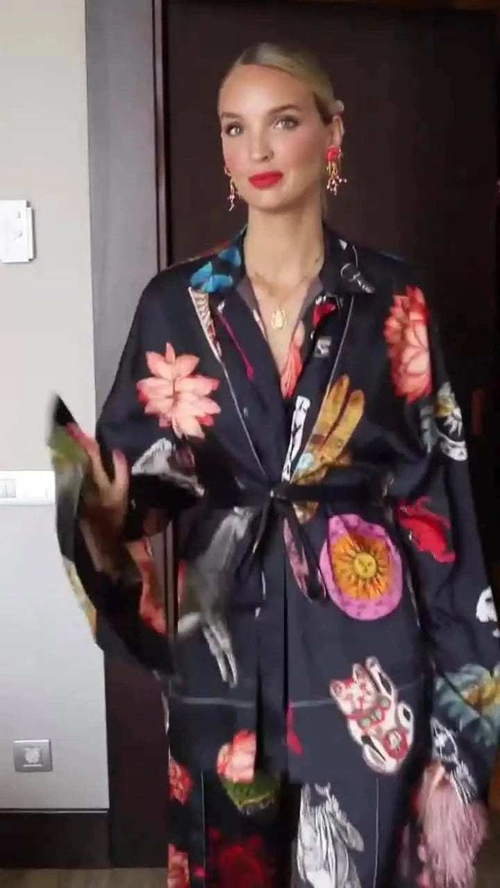 Elegant Eid Abaya Print Casual Women'S Set 2024 Fashion Loose V-Neck Long Sleeve Lace-Up Top And Pants Party Set