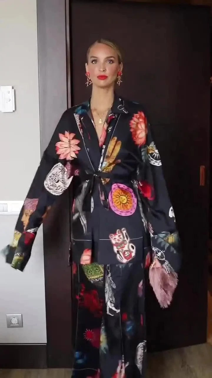 Elegant Eid Abaya Print Casual Women'S Set 2024 Fashion Loose V-Neck Long Sleeve Lace-Up Top And Pants Party Set