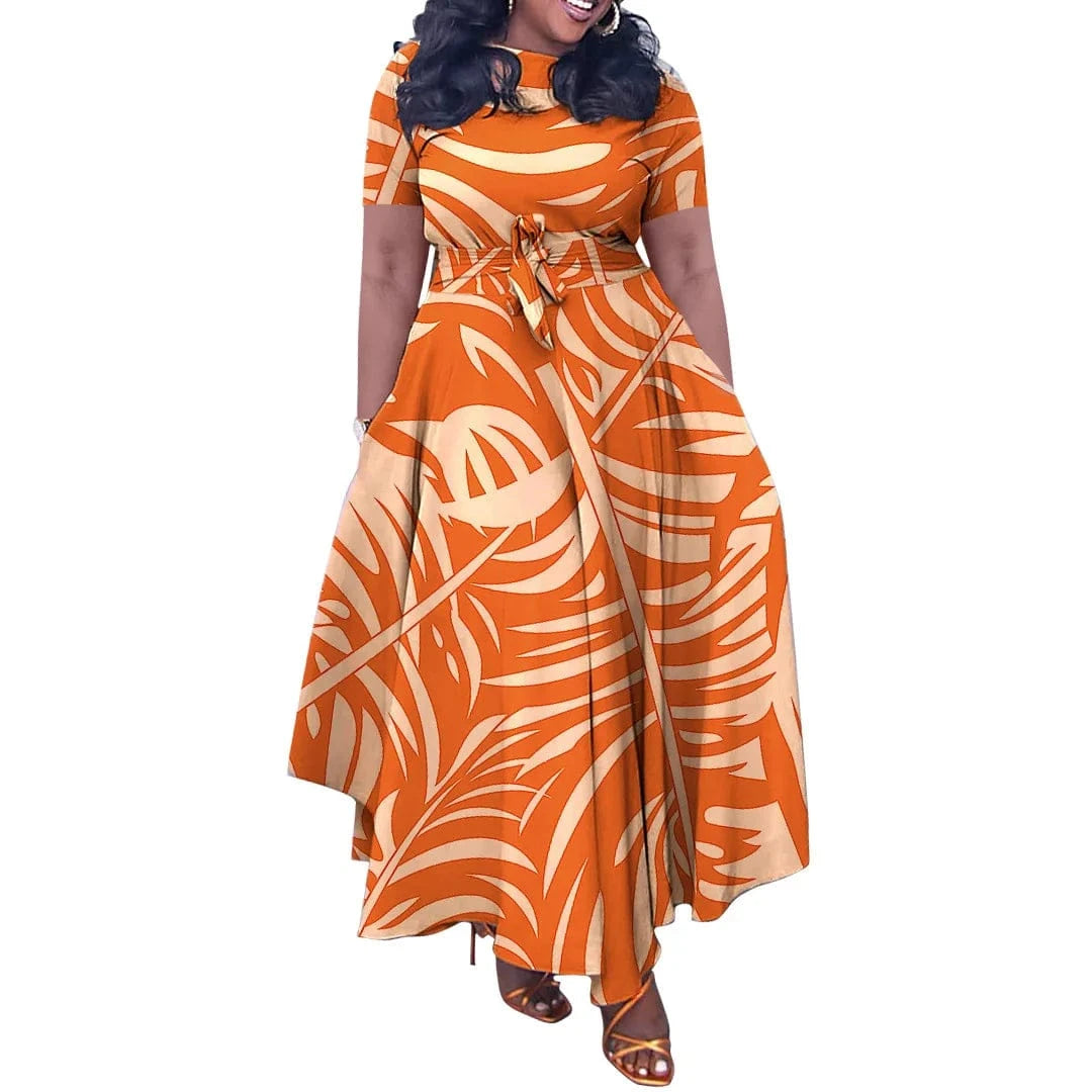 Elegant Fall Maxi Dresses Belted Pattern Graffiti Printed Regular Dress Tiered Waist short Sleeve O Neck Patchwork Vestidos