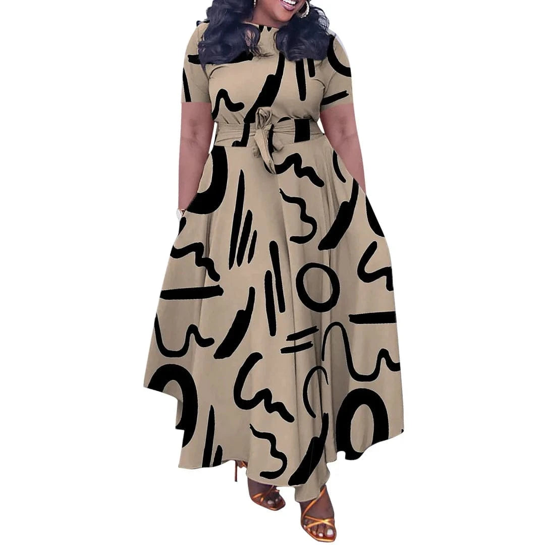 Elegant Fall Maxi Dresses Belted Pattern Graffiti Printed Regular Dress Tiered Waist short Sleeve O Neck Patchwork Vestidos