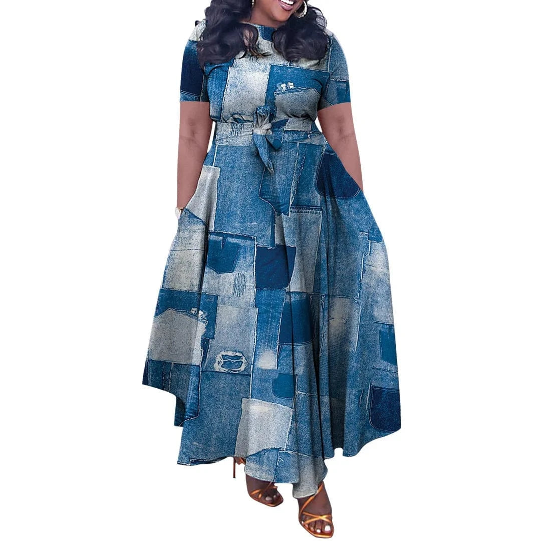 Elegant Fall Maxi Dresses Belted Pattern Graffiti Printed Regular Dress Tiered Waist short Sleeve O Neck Patchwork Vestidos