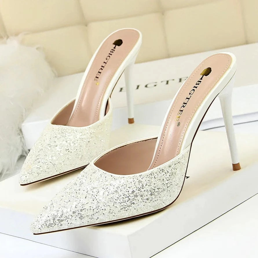 Elegant Glitter High Heel Women Dress Shoes slide sandals Ladies Glitter mules Stilettos Heels Wedding Bridal Pumps