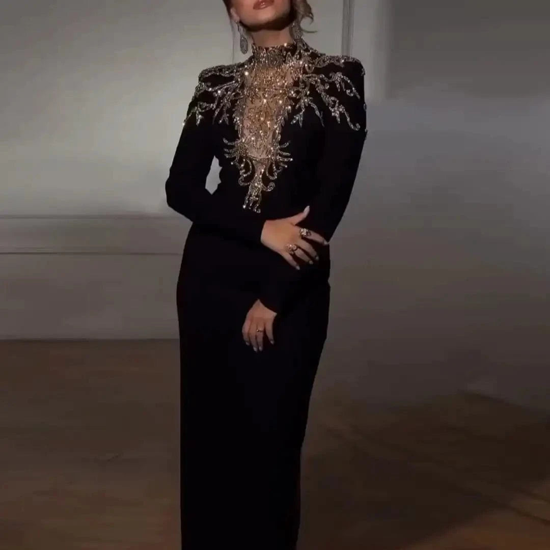 Elegant High Neck Long Sleeves Arabic Black Evening Dresses with Gold Beaded Muslim Dubai Women Formal Party Gowns LSZ217