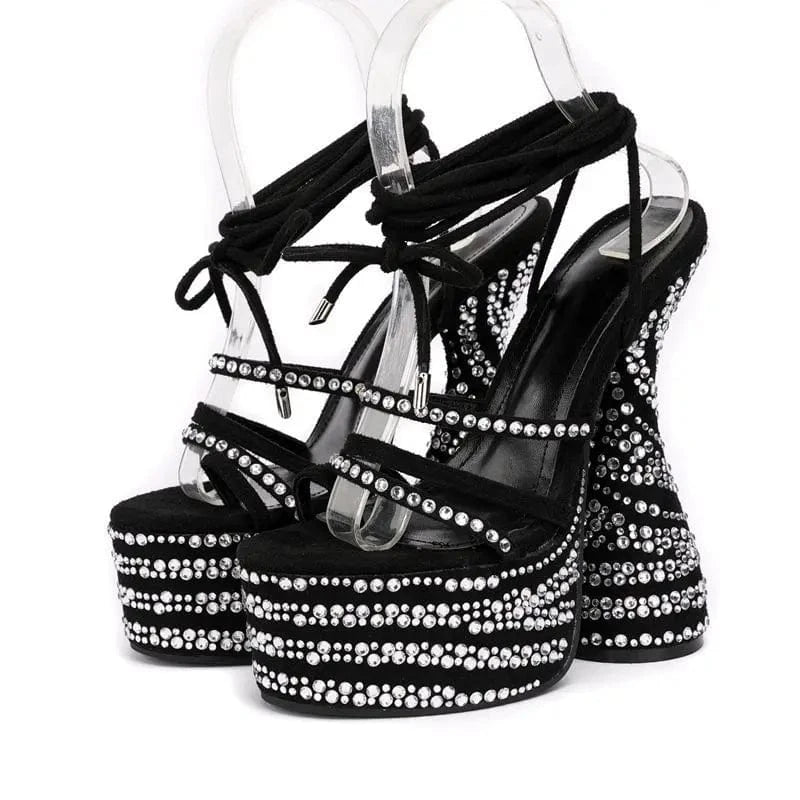 Elegant Ladies rhinestone OEM platform heels pumps high quality bride wedding shoes diamante strap lace up custom heeled sandals