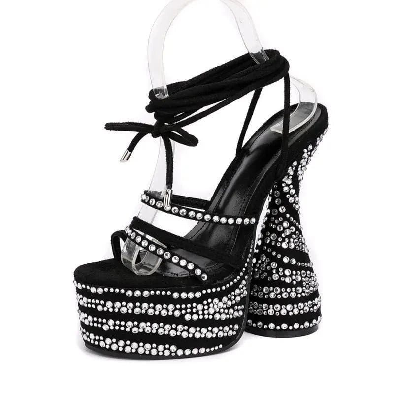 Elegant Ladies rhinestone OEM platform heels pumps high quality bride wedding shoes diamante strap lace up custom heeled sandals