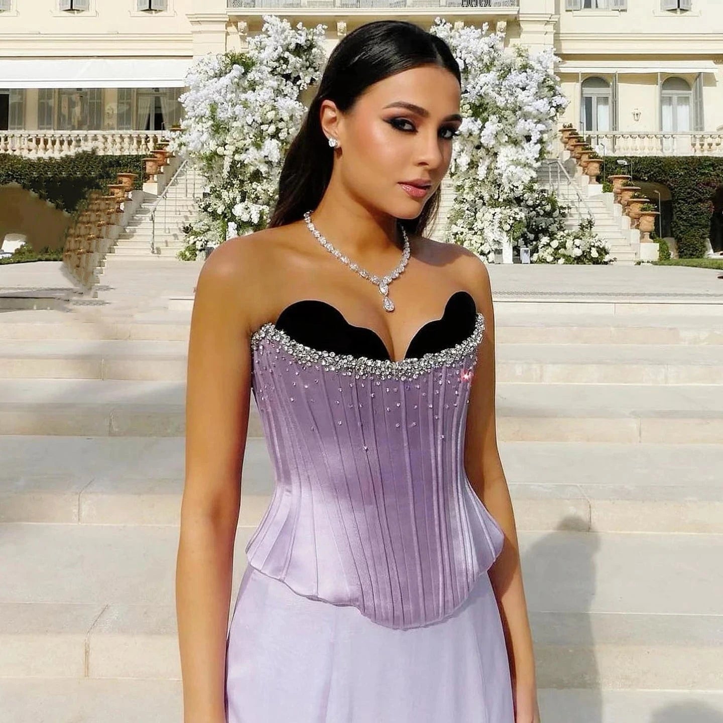 Elegant Lilac Dubai Evening Dresses for Women with Train Strapless Arabic Wedding Party Dresses Gala Gown SF164-2