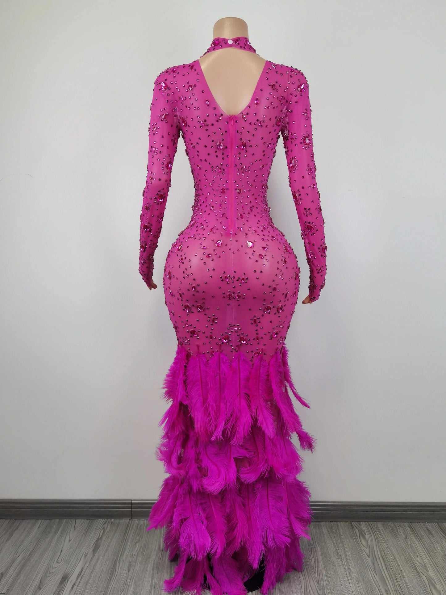 Elegant Mesh Diamond Birthday Banquet Long Mermaid Dress Lady Wear Feathers Formal Prom Dress Women Sexy Party Evening Dresses