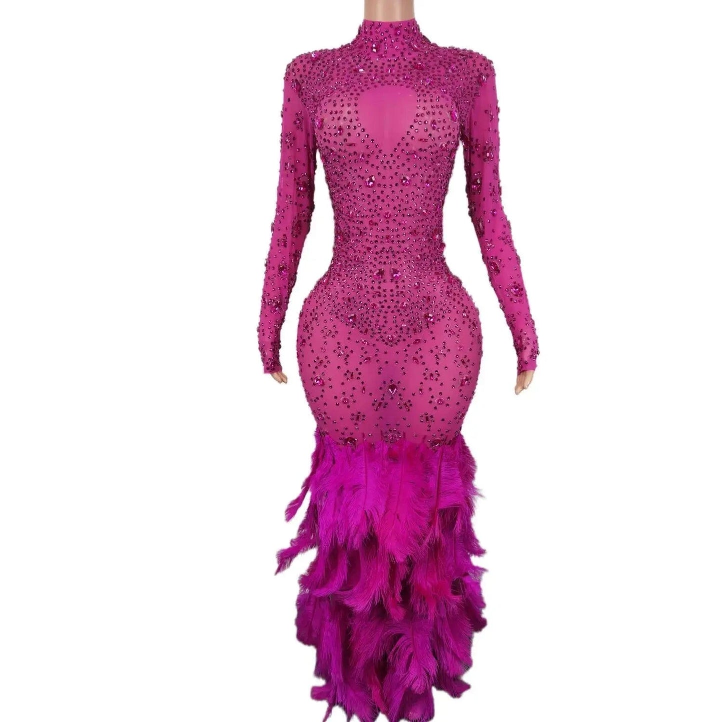 Elegant Mesh Diamond Birthday Banquet Long Mermaid Dress Lady Wear Feathers Formal Prom Dress Women Sexy Party Evening Dresses