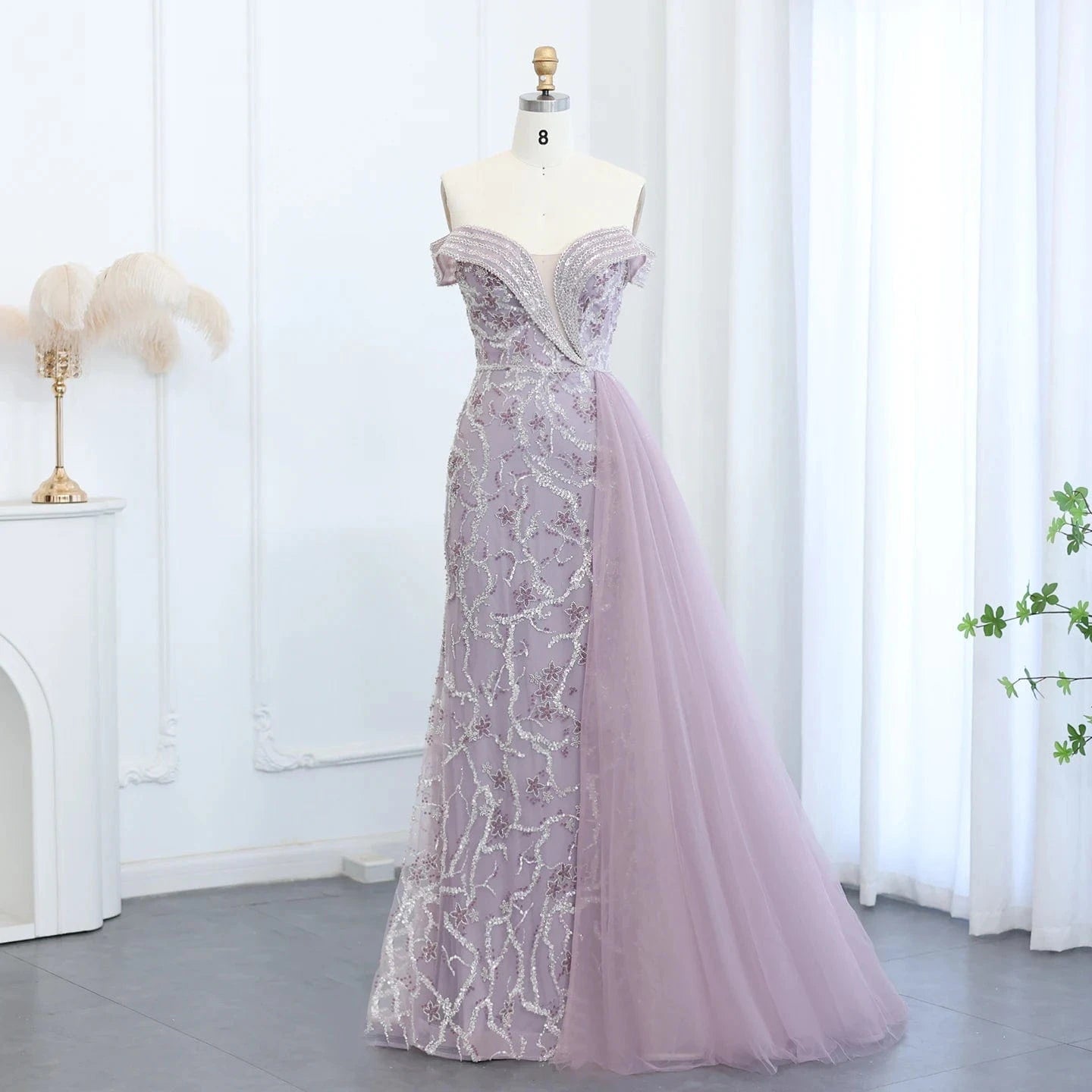 Elegant Off Shoulder Mermaid Lilac Evening Dress with Overskirt 2024 Plus Size Women Blue Wedding Party Gown SZ055