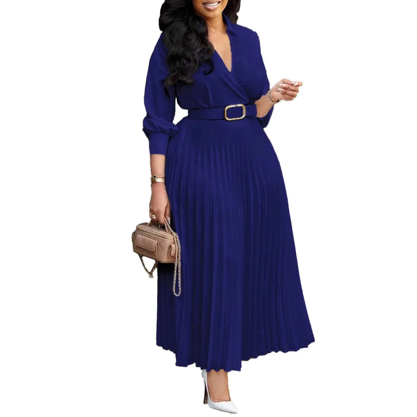 Elegant Office Dresses for Women Pleated Deep V Neck Full Sleeve Belt Waisted Ankle Length African Business Work Wear Dress New