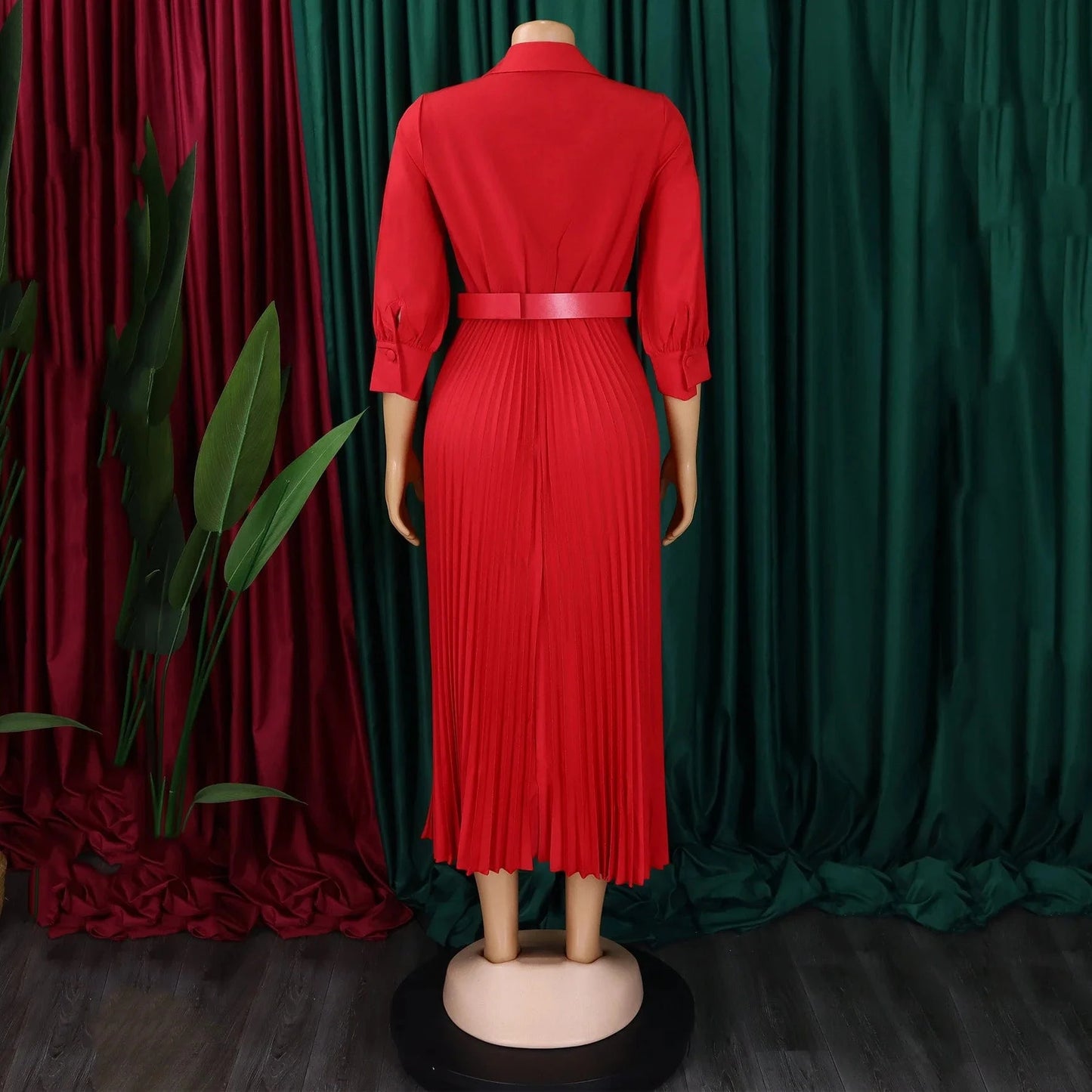 Elegant Office Dresses for Women Pleated Deep V Neck Full Sleeve Belt Waisted Ankle Length African Business Work Wear Dress New