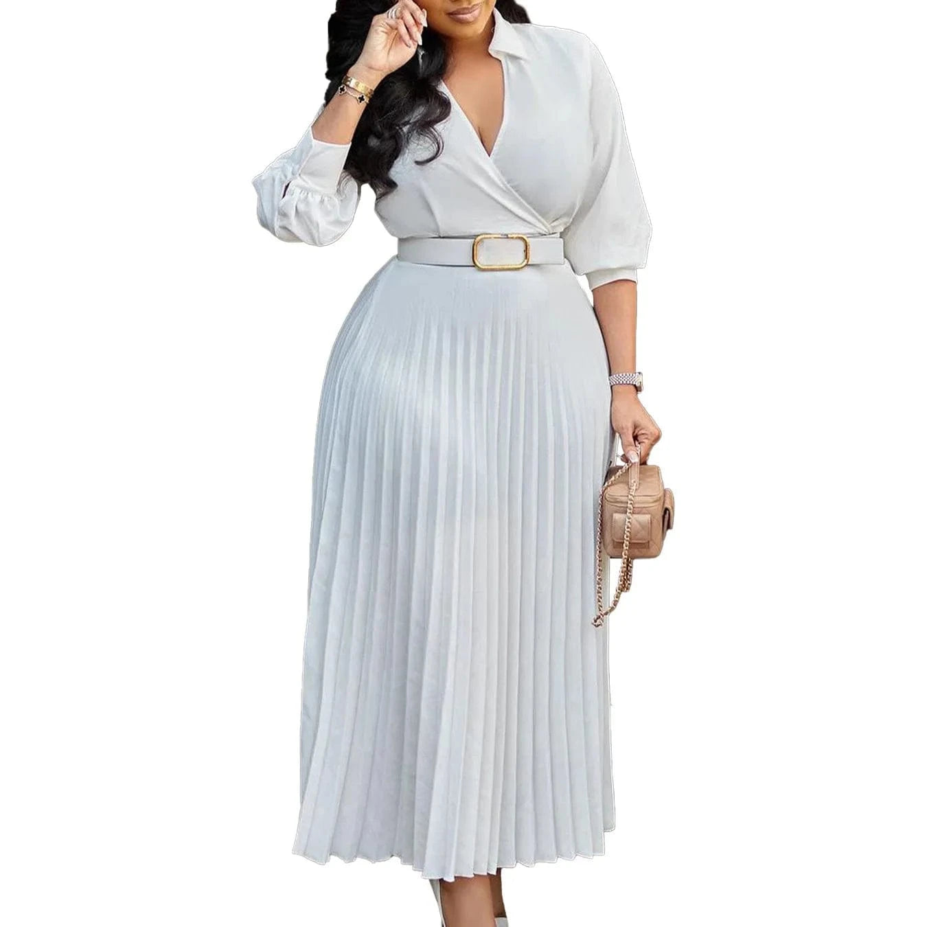 Elegant Office Dresses for Women Pleated Deep V Neck Full Sleeve Belt Waisted Ankle Length African Business Work Wear Dress New