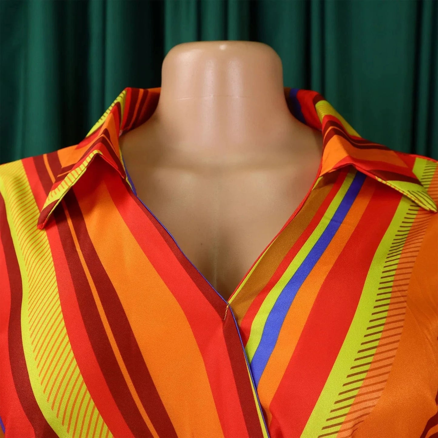 Elegant Office Dresses for Women Striped Printed V Neck Full Sleeve High Waisted Pleated Mid Calf Professional Work Dress Midi