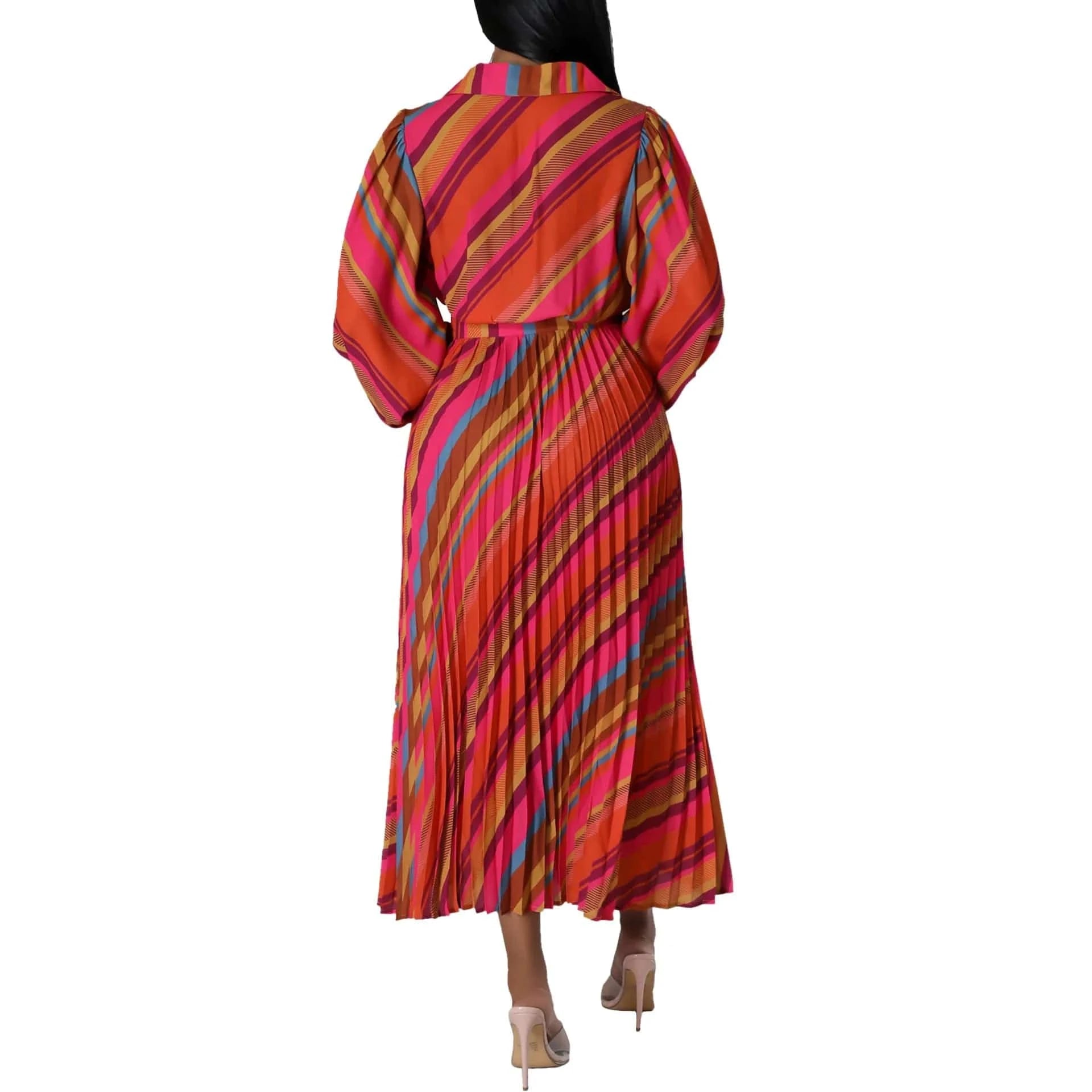 Elegant Office Dresses for Women Striped Printed V Neck Full Sleeve High Waisted Pleated Mid Calf Professional Work Dress Midi