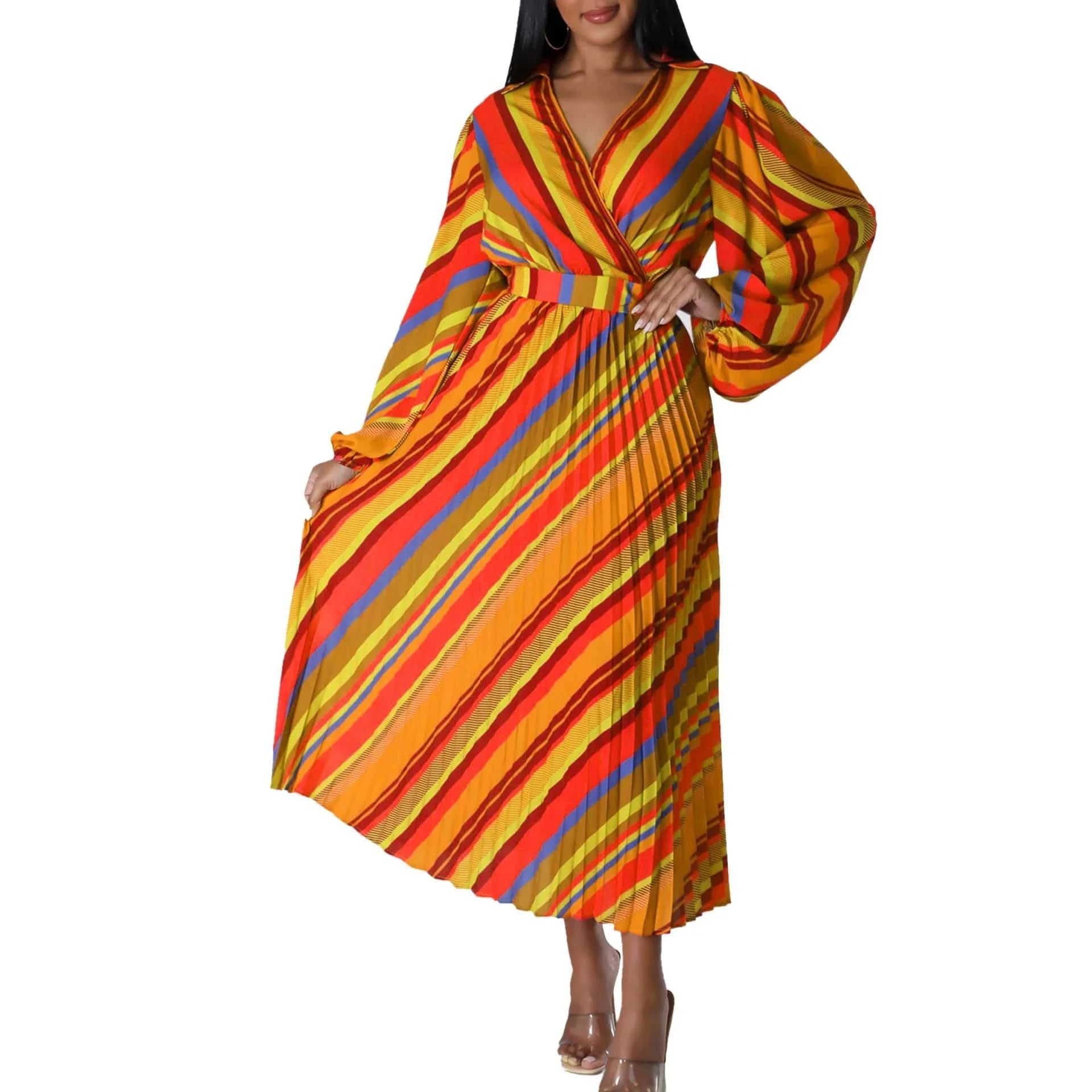 Elegant Office Dresses for Women Striped Printed V Neck Full Sleeve High Waisted Pleated Mid Calf Professional Work Dress Midi