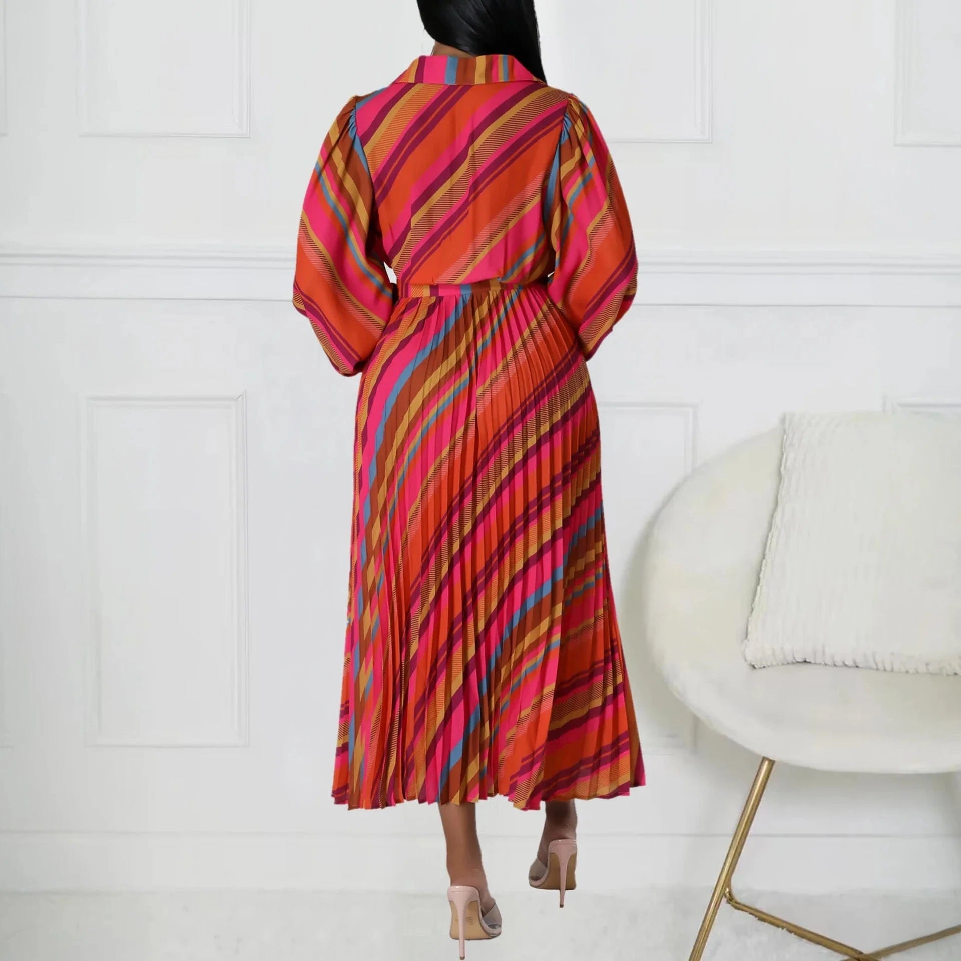 Elegant Office Dresses for Women Striped Printed V Neck Full Sleeve High Waisted Pleated Mid Calf Professional Work Dress Midi