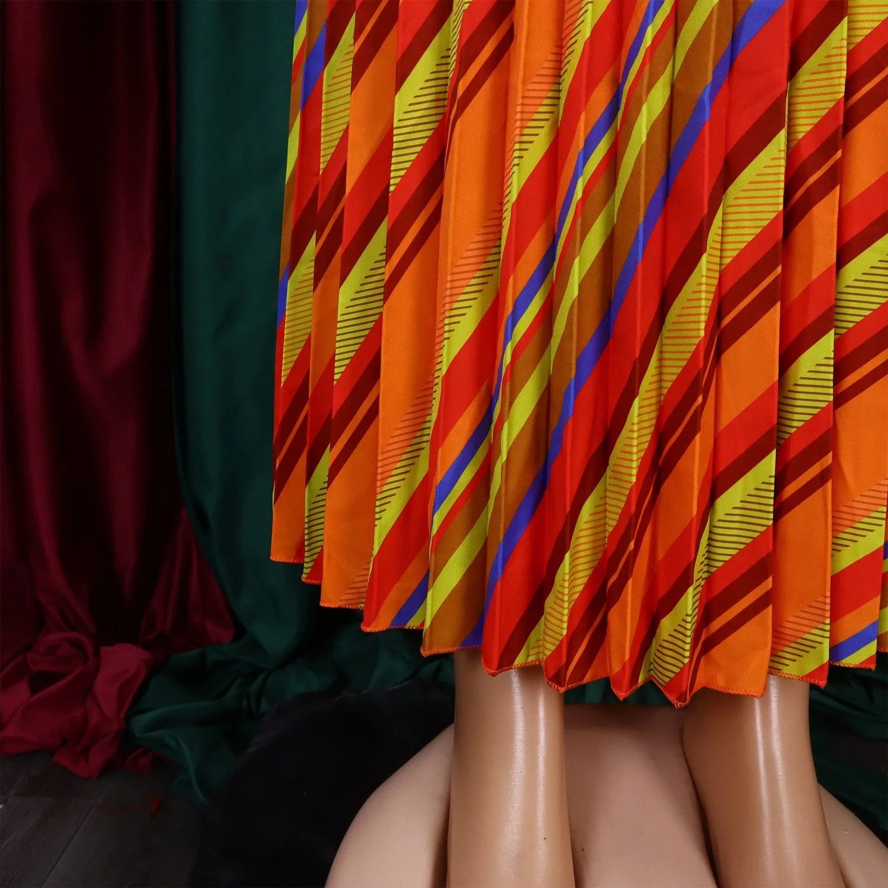 Elegant Office Dresses for Women Striped Printed V Neck Full Sleeve High Waisted Pleated Mid Calf Professional Work Dress Midi