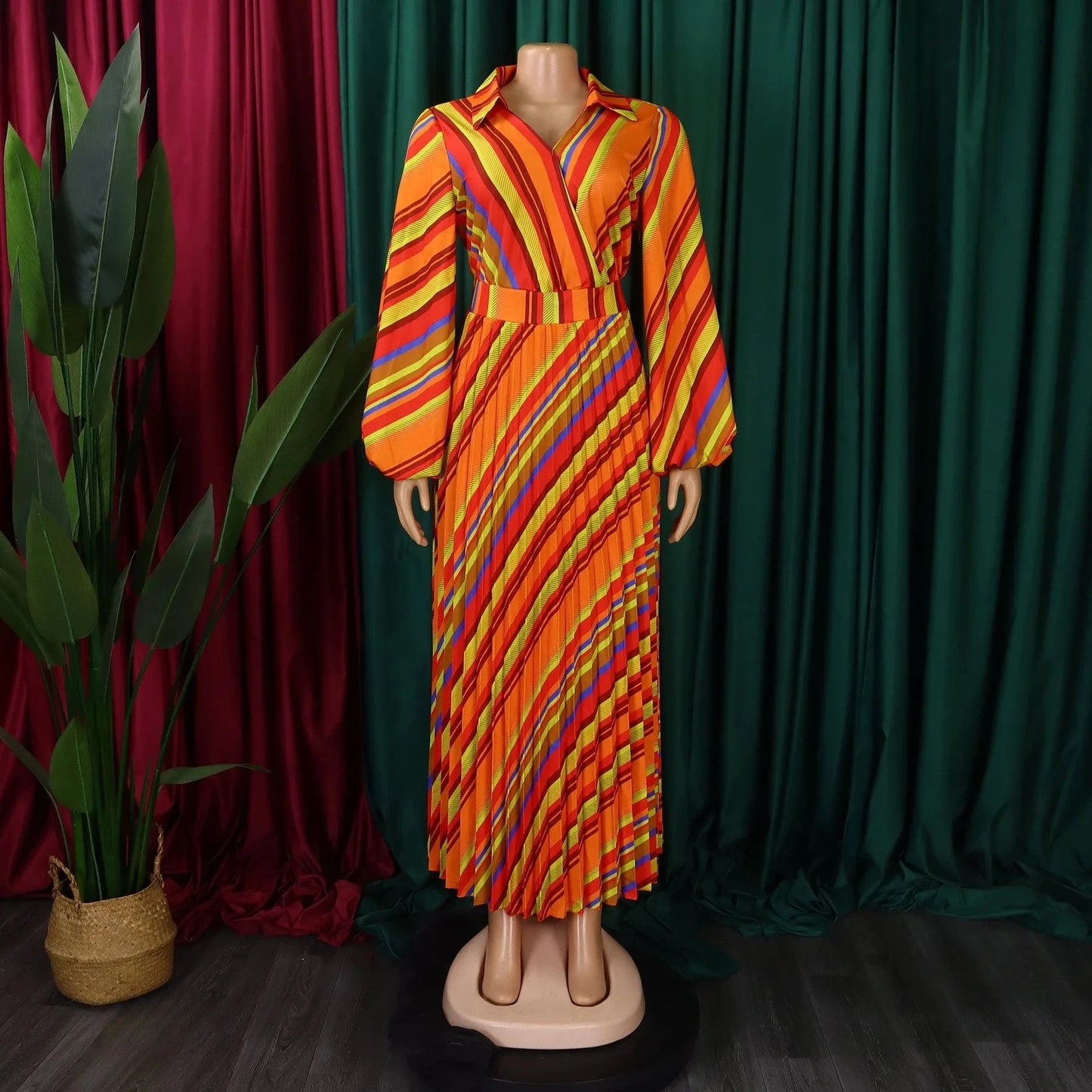 Elegant Office Dresses for Women Striped Printed V Neck Full Sleeve High Waisted Pleated Mid Calf Professional Work Dress Midi