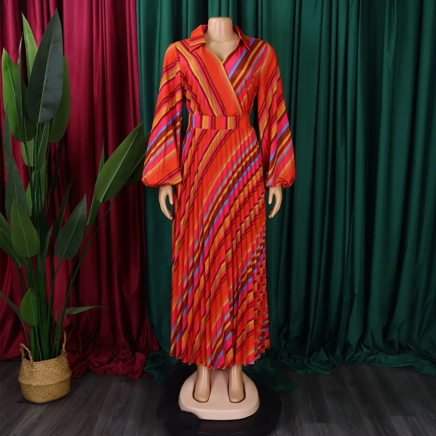 Elegant Office Dresses for Women Striped Printed V Neck Full Sleeve High Waisted Pleated Mid Calf Professional Work Dress Midi