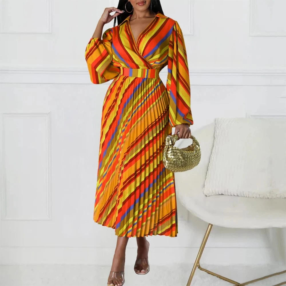 Elegant Office Dresses for Women Striped Printed V Neck Full Sleeve High Waisted Pleated Mid Calf Professional Work Dress Midi