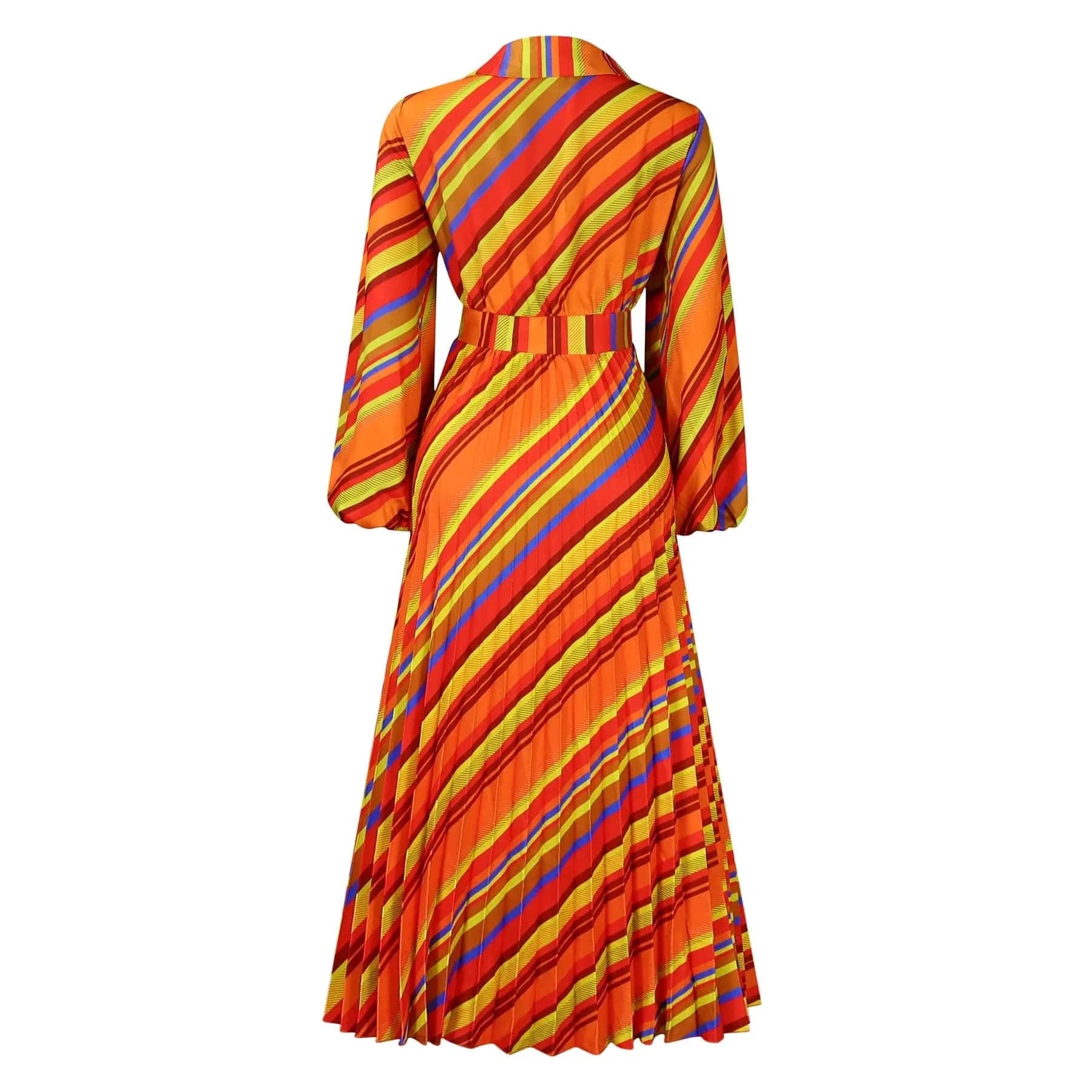 Elegant Office Dresses for Women Striped Printed V Neck Full Sleeve High Waisted Pleated Mid Calf Professional Work Dress Midi