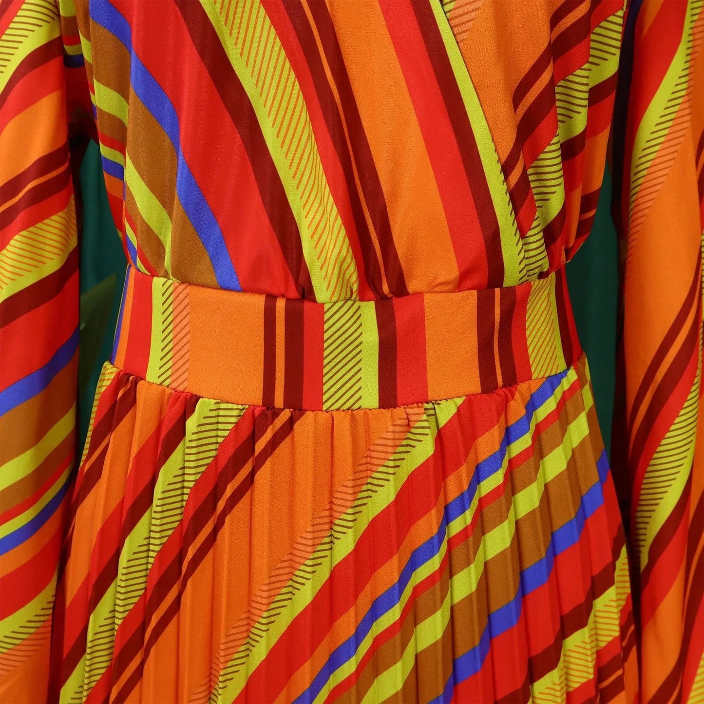 Elegant Office Dresses for Women Striped Printed V Neck Full Sleeve High Waisted Pleated Mid Calf Professional Work Dress Midi