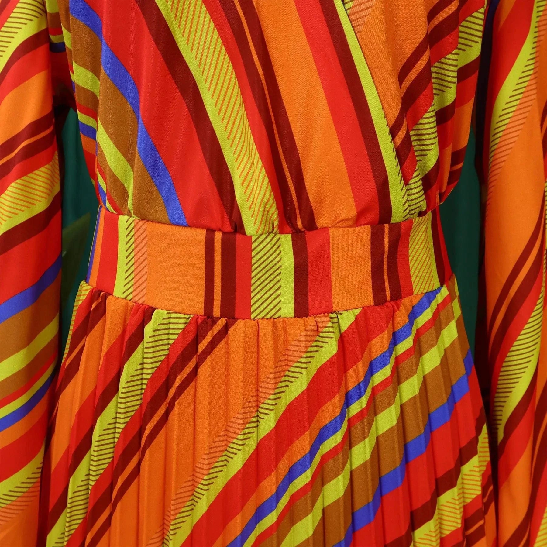 Elegant Office Dresses for Women Striped Printed V Neck Full Sleeve High Waisted Pleated Mid Calf Professional Work Dress Midi