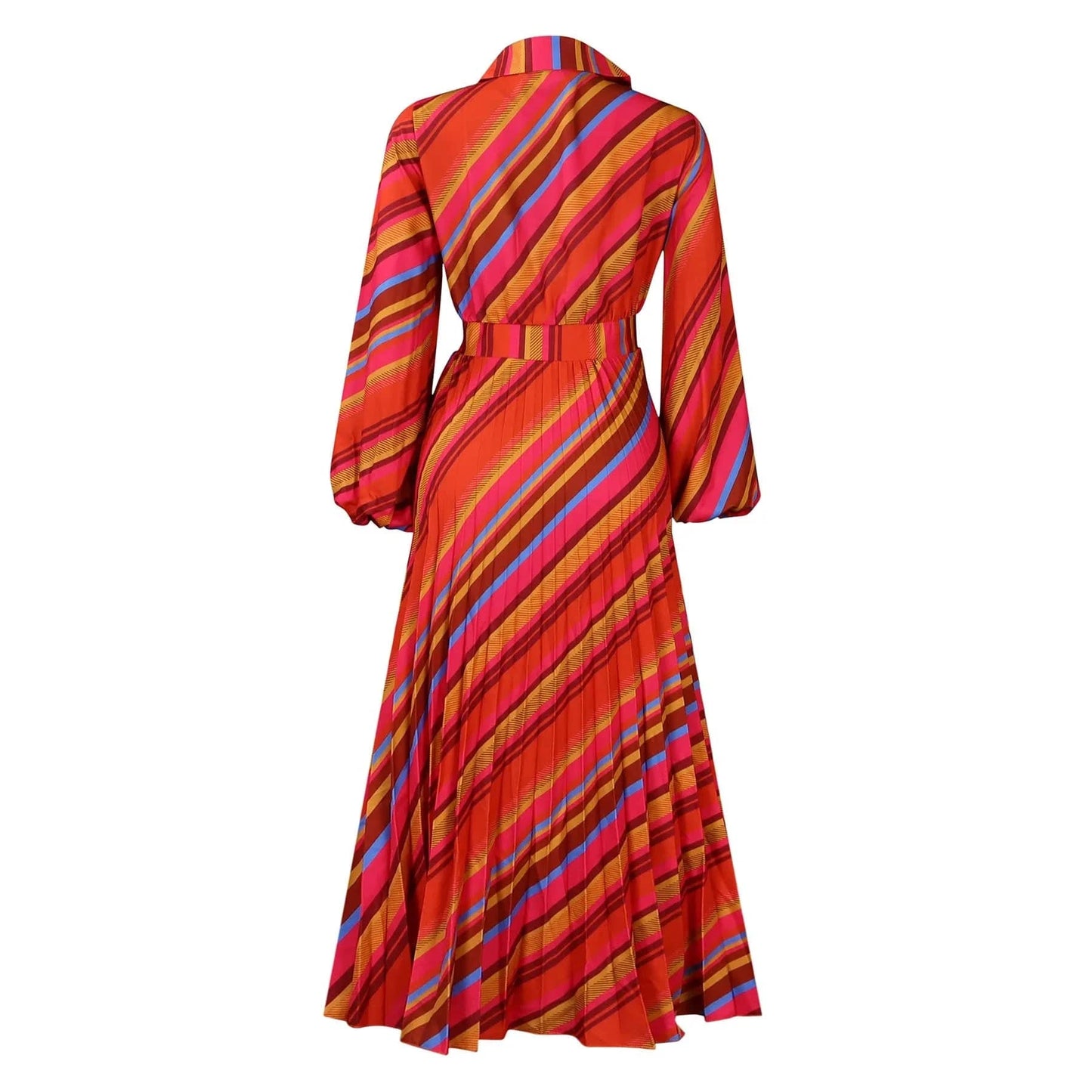 Elegant Office Dresses for Women Striped Printed V Neck Full Sleeve High Waisted Pleated Mid Calf Professional Work Dress Midi