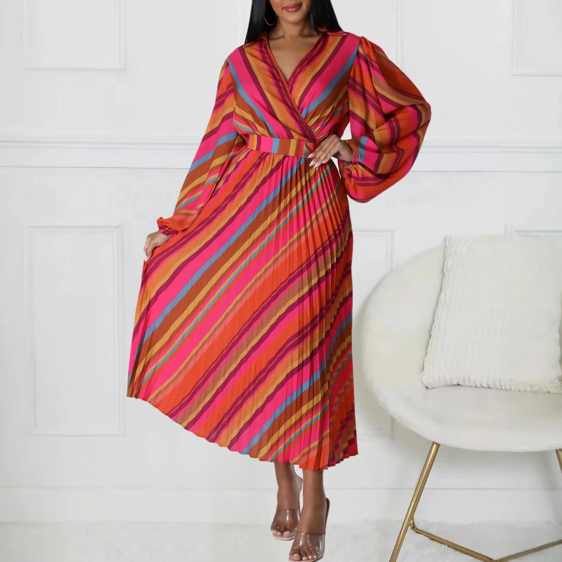 Elegant Office Dresses for Women Striped Printed V Neck Full Sleeve High Waisted Pleated Mid Calf Professional Work Dress Midi