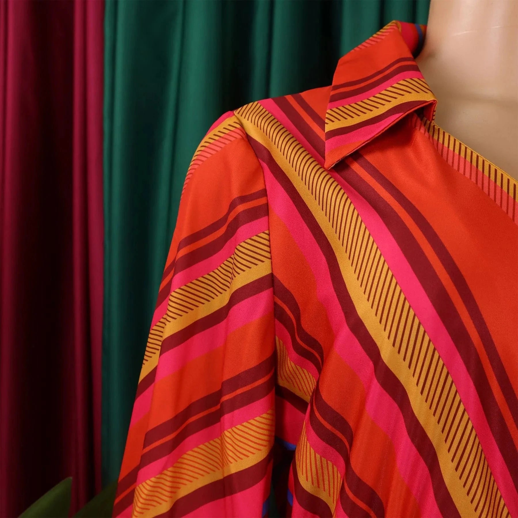 Elegant Office Dresses for Women Striped Printed V Neck Full Sleeve High Waisted Pleated Mid Calf Professional Work Dress Midi