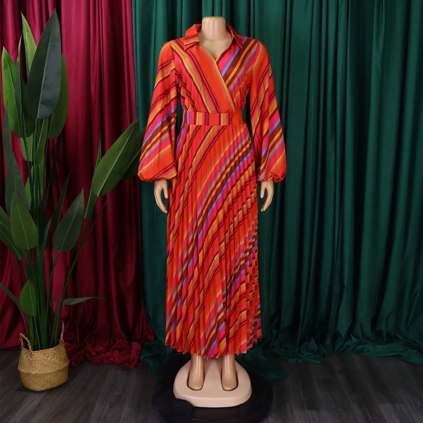 Elegant Office Dresses for Women Striped Printed V Neck Full Sleeve High Waisted Pleated Mid Calf Professional Work Dress Midi