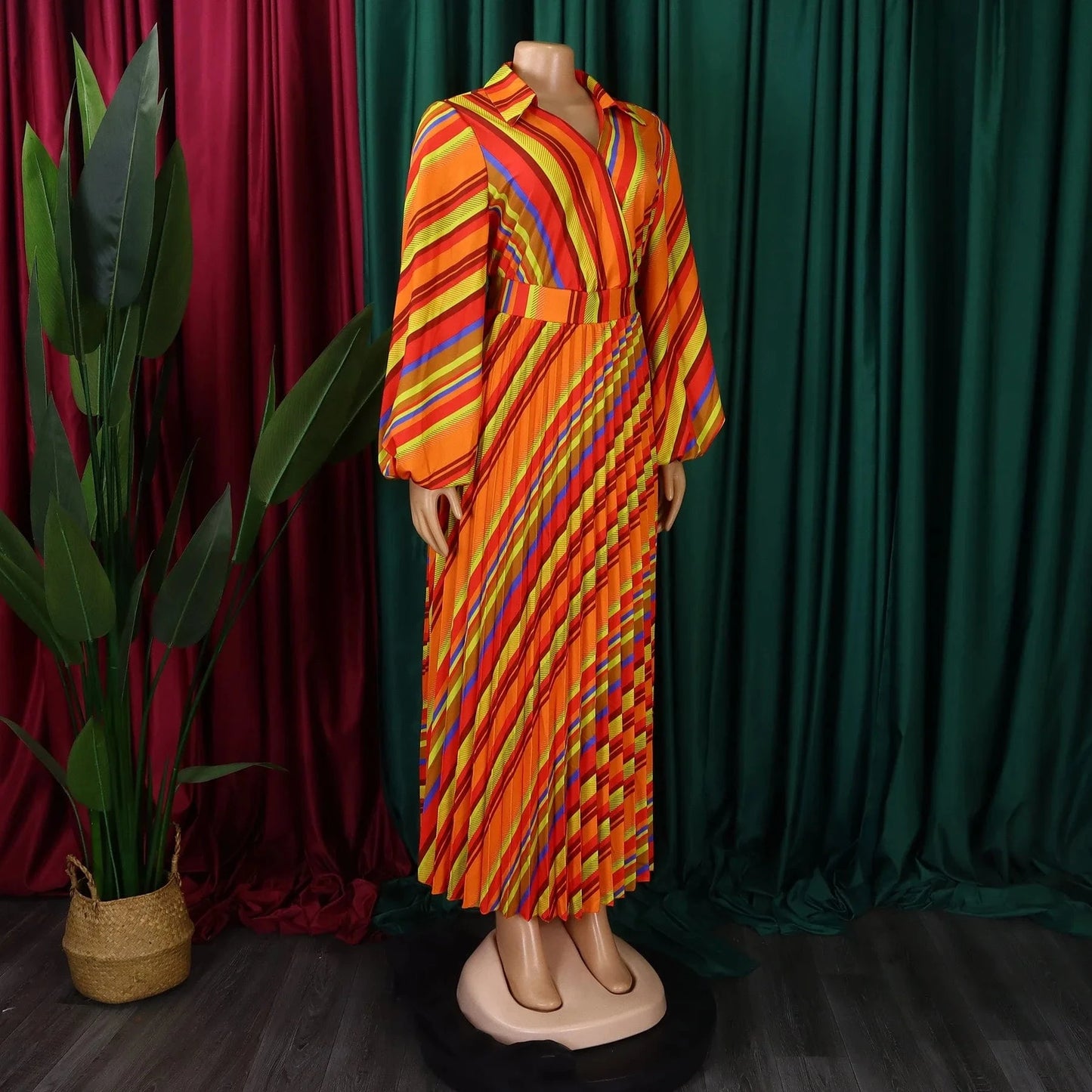 Elegant Office Dresses for Women Striped Printed V Neck Full Sleeve High Waisted Pleated Mid Calf Professional Work Dress Midi