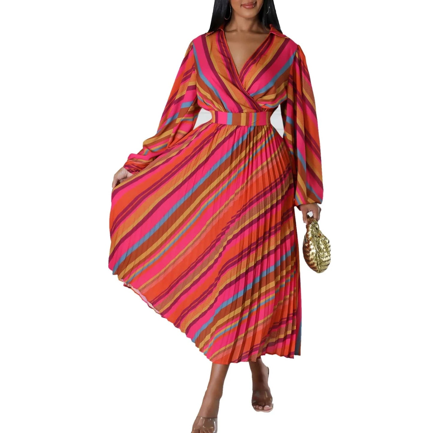 Elegant Office Dresses for Women Striped Printed V Neck Full Sleeve High Waisted Pleated Mid Calf Professional Work Dress Midi