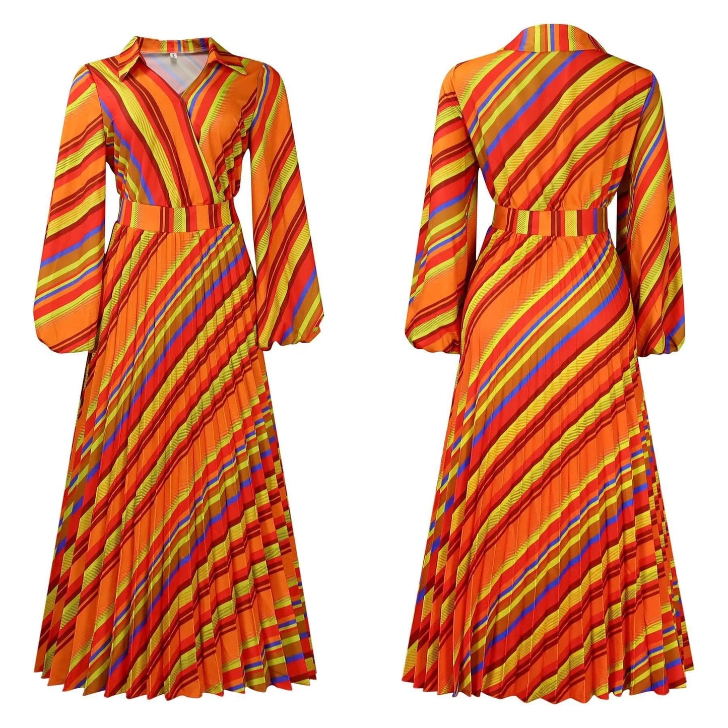 Elegant Office Dresses for Women Striped Printed V Neck Full Sleeve High Waisted Pleated Mid Calf Professional Work Dress Midi