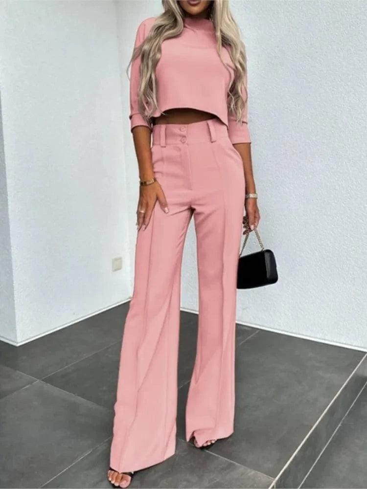 Elegant Office Lady Suits Fashion Solid Color Two Piece Set For Women Casual Crop Top+high Waist Pants Women's Sets 2024 Autumn
