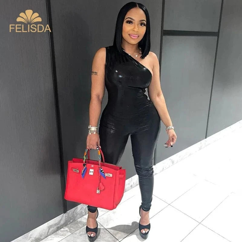 Elegant One Piece Jumpsuit for Women Gilding One Shoulder Skinny Jumpsuit Romper Party Night Club Outfit Two Piece Pants Set